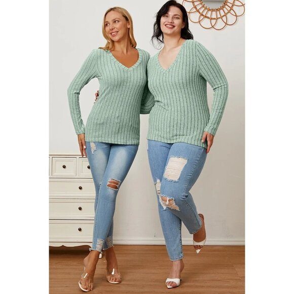 Basic Bae Full Size Ribbed V-Neck Long Sleeve T-Shirt - Picture 10 of 11